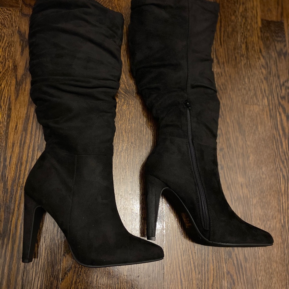 Black Faux Suede Slouchy Knee High Stiletto Boot